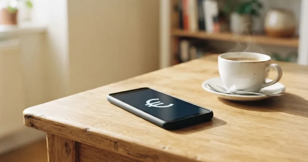Ein Smartphone mit dunklem Display liegt neben einer Kaffeetasse und einigen Münzen auf einem hellen Holztisch, weiches Tageslicht fällt von links.