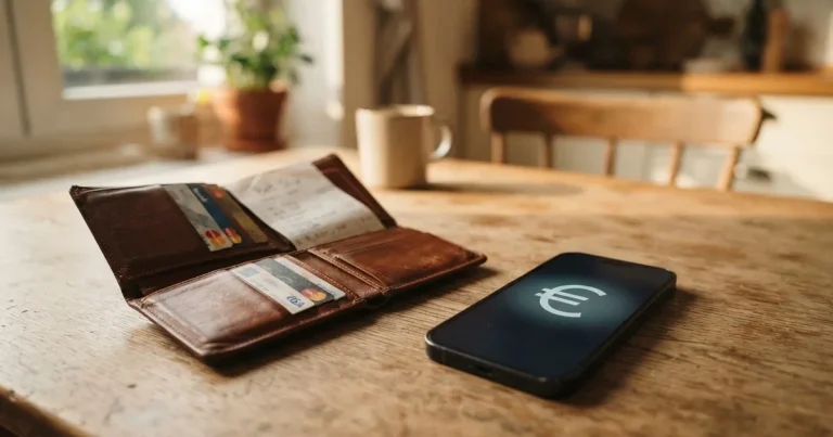 Ein Portemonnaie aus Leder liegt geöffnet auf einem Holztisch neben einem Smartphone mit dunklem Display, Fensterlicht fällt von der Seite.