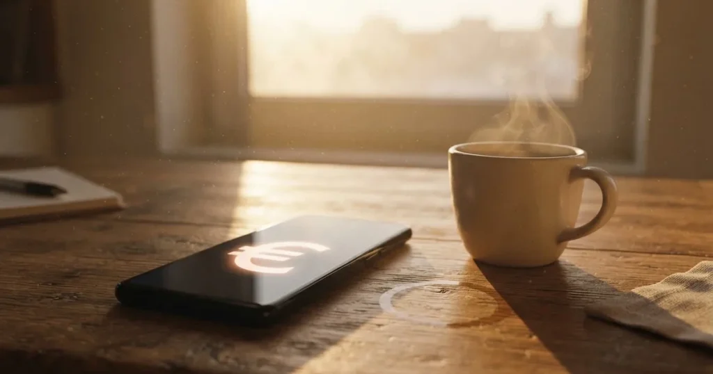 Eine Handvoll Münzen liegt neben einer Kaffeetasse auf einem Küchentisch, im Hintergrund unscharf ein Fenster mit Morgenlicht.