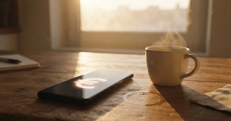 Eine Handvoll Münzen liegt neben einer Kaffeetasse auf einem Küchentisch, im Hintergrund unscharf ein Fenster mit Morgenlicht.