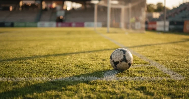 Ein Fußball liegt vor einem leeren Tor auf dem Rasen, das Netz hängt unbewegt, im Hintergrund ein verschwommener Zaun in warmem Abendlicht.