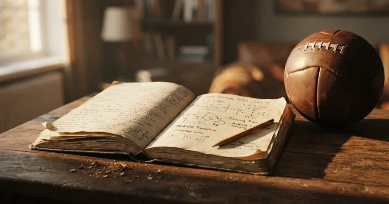 Ein Notizbuch mit handschriftlichen Notizen und kleinen Skizzen liegt aufgeschlagen neben einem Bleistift auf einem Schreibtisch, daneben ein Fußball.