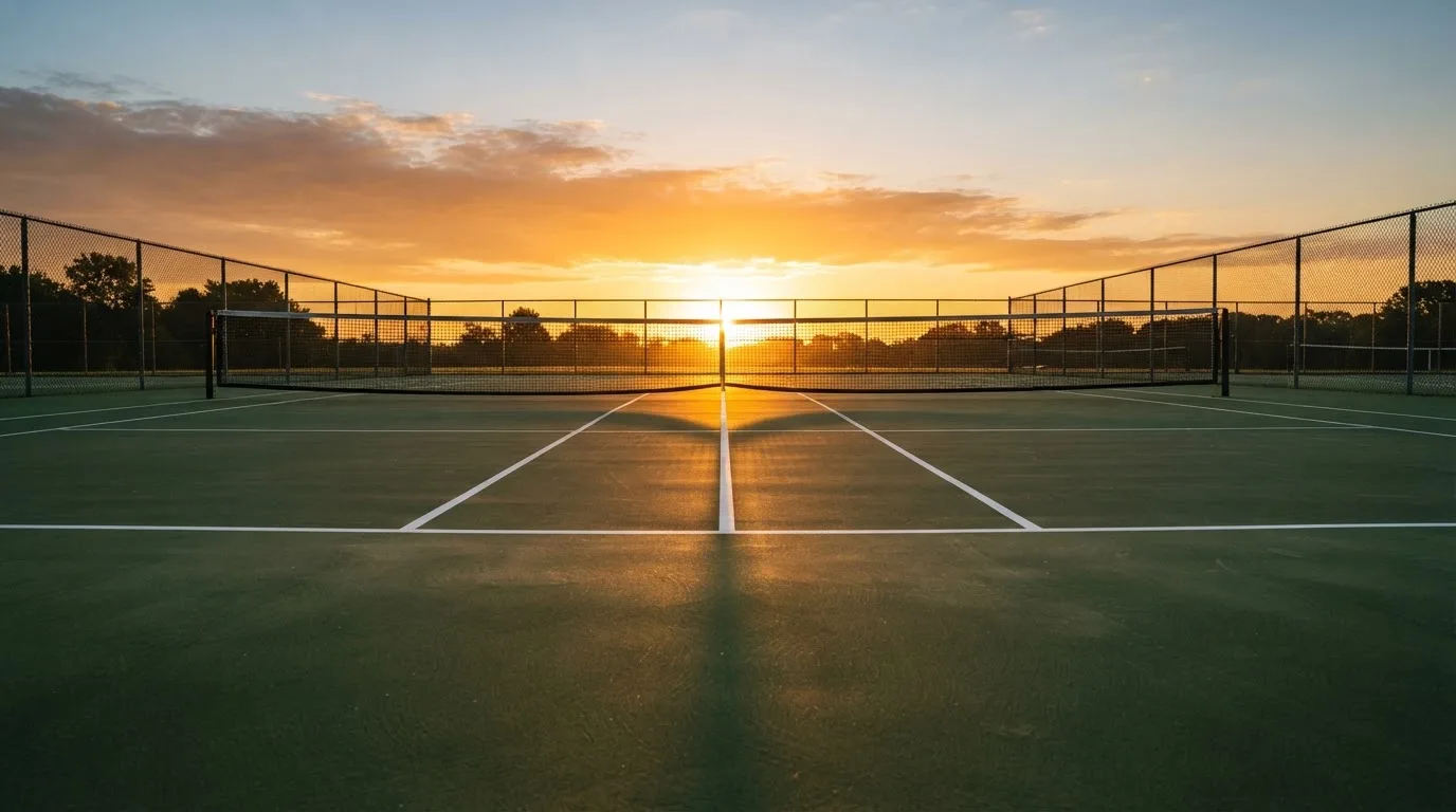 Ein Tennisplatz bei Sonnenaufgang, leer, das Netz steht im Gegenlicht, Aufnahme von der Grundlinie.