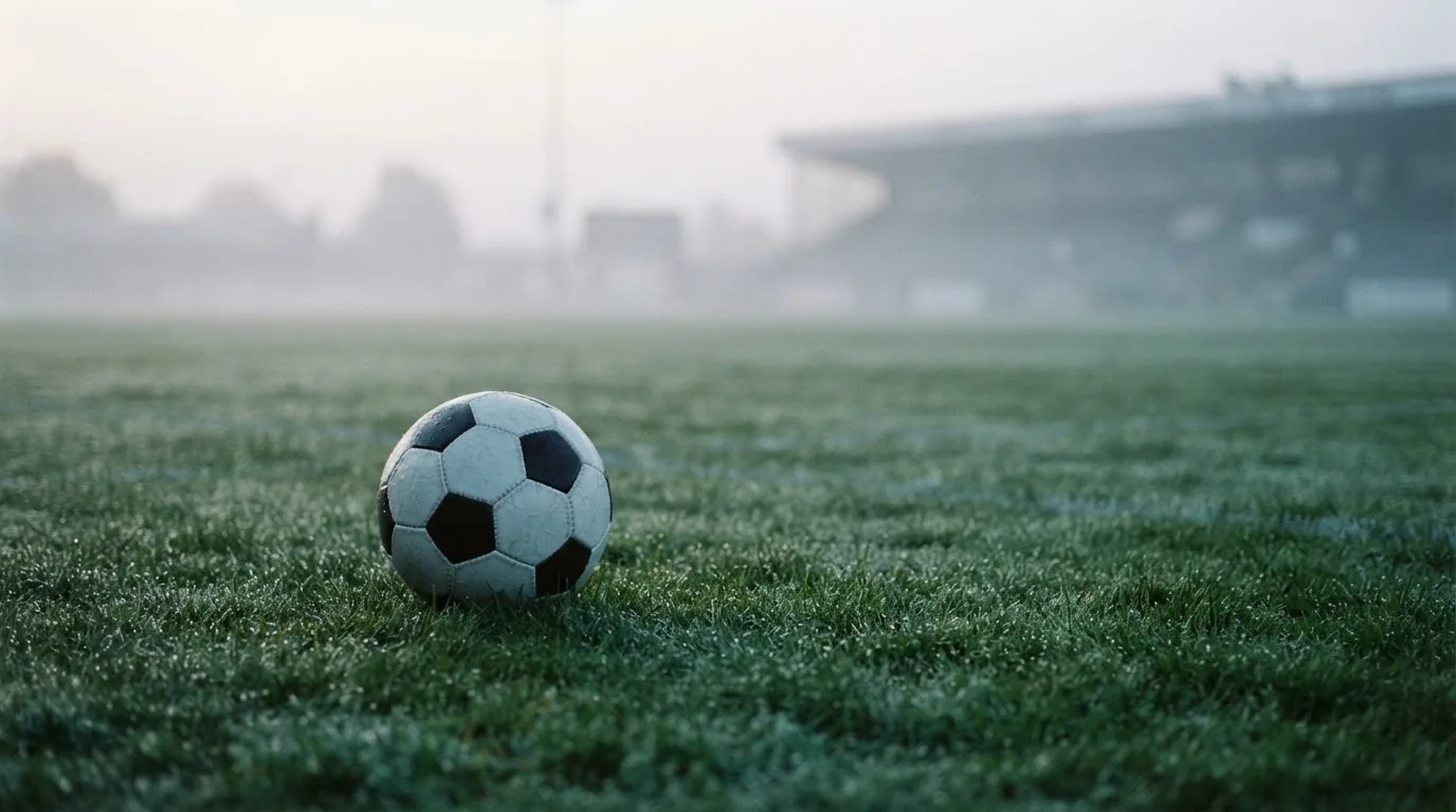 Ein Fußball liegt auf einem Rasenplatz, im Hintergrund eine ferne Tribüne im Morgendunst, Tau glänzt im Gras.