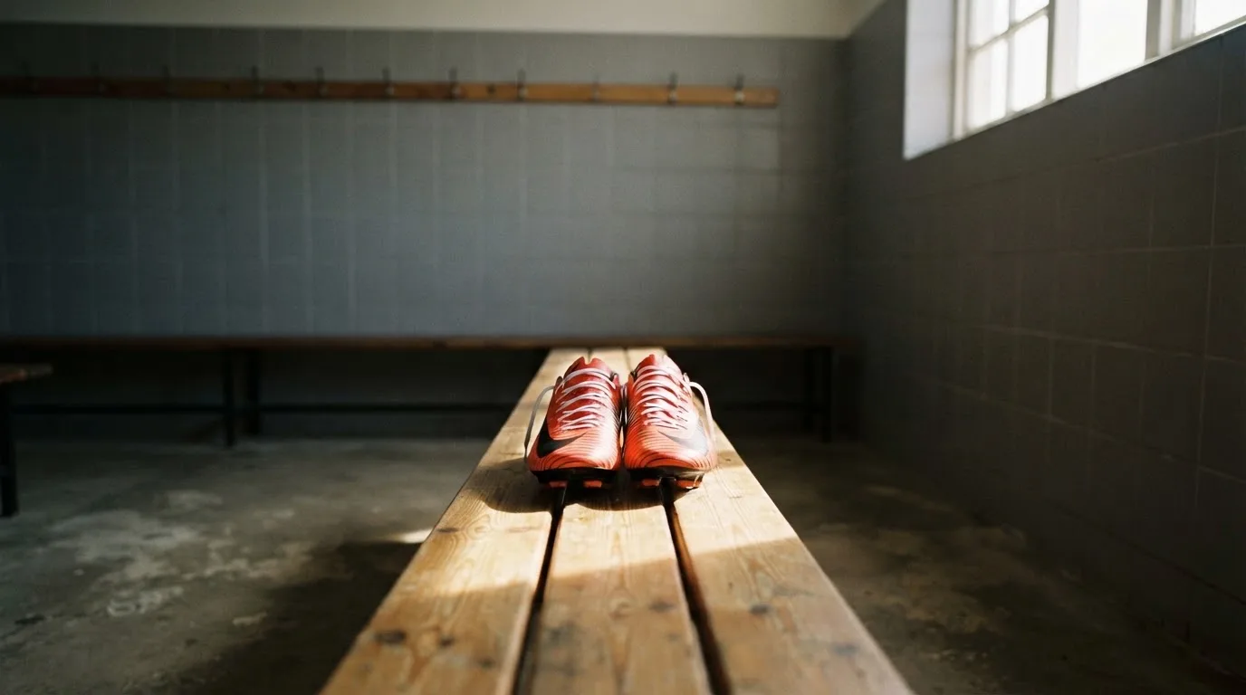 Ein Paar neue Fußballschuhe steht noch sauber auf einer Holzbank in einer leeren Umkleide, Licht fällt von einem Fenster.