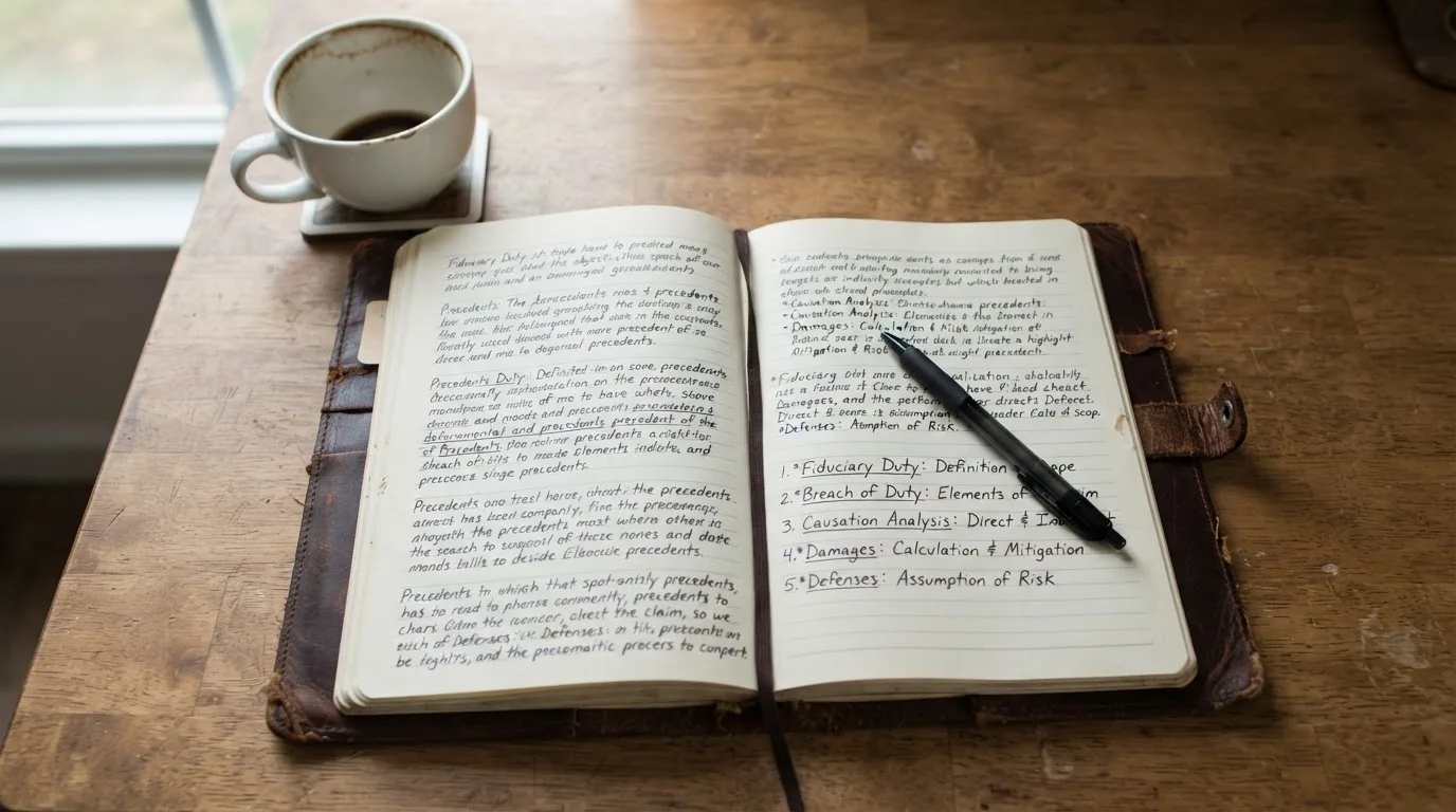 Ein Notizbuch mit handschriftlichen Notizen und ein Kugelschreiber liegen auf einem Schreibtisch neben einer Tasse, Blick schräg von oben.