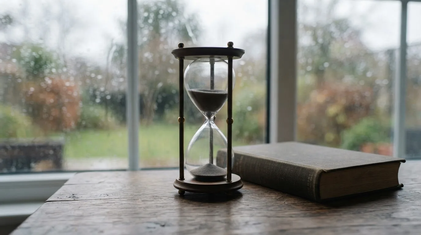 Eine Sanduhr steht auf einem Schreibtisch neben einem geschlossenen Buch, im Hintergrund unscharf ein Fenster mit Regentropfen.