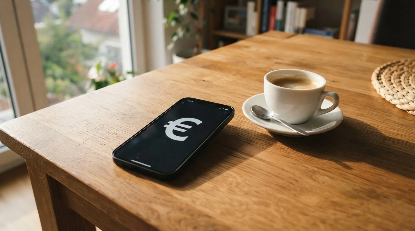 Ein Smartphone mit dunklem Display liegt neben einer Kaffeetasse und einigen Münzen auf einem Holztisch, Morgenlicht von links.