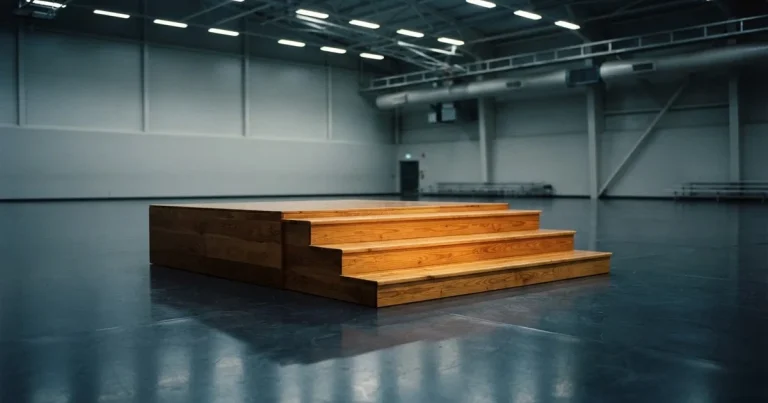 Ein Podium aus hellem Holz steht in einer leeren Sporthalle unter Hallenlicht, ohne Beschriftung oder Zahlen, niemand ist zu sehen.