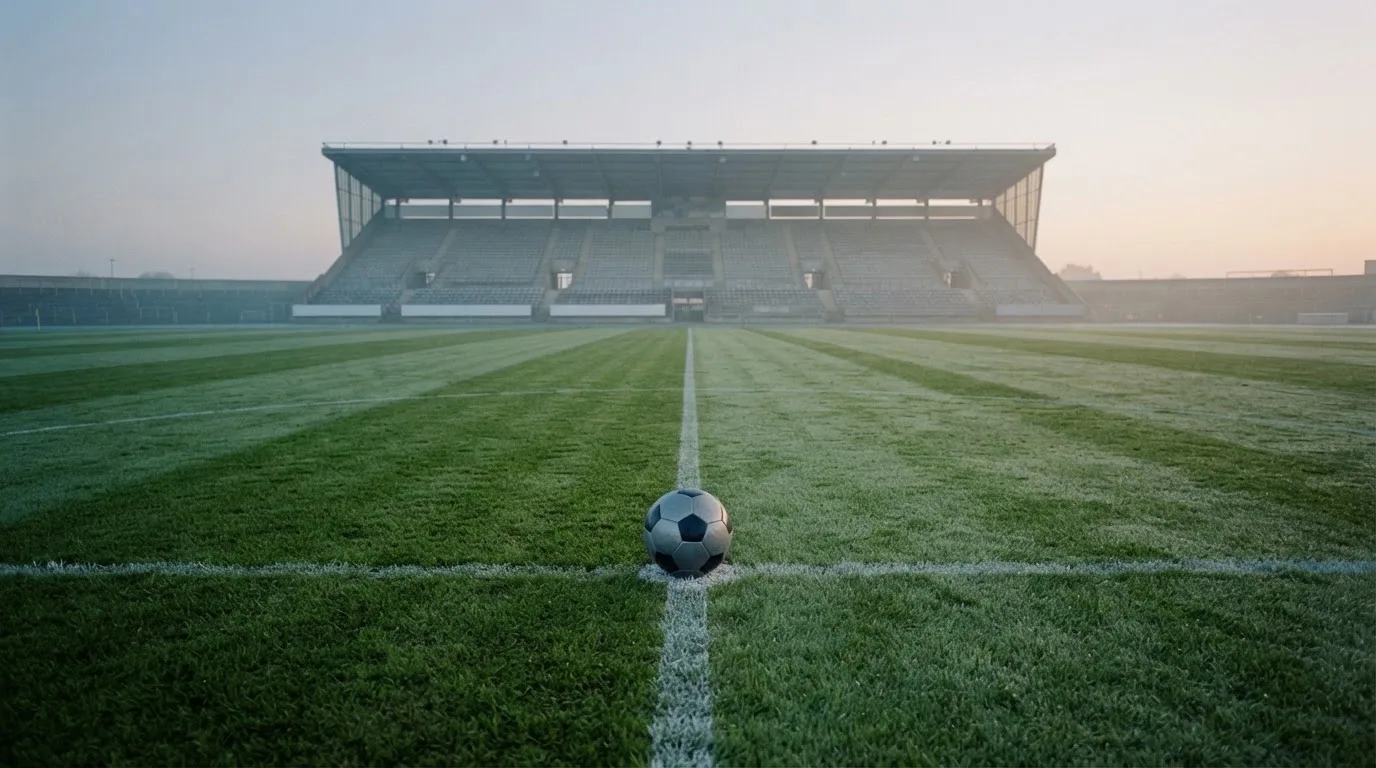 Ein Fußball liegt auf dem Mittelkreis eines leeren Rasenplatzes am frühen Morgen, im Hintergrund eine ferne Tribüne im Dunst.
