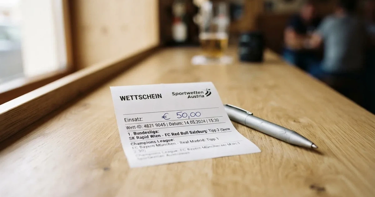 Ein leerer Papier-Wettschein ohne Aufdruck liegt neben einem Kugelschreiber auf einem hellen Tresen, weiches Seitenlicht.