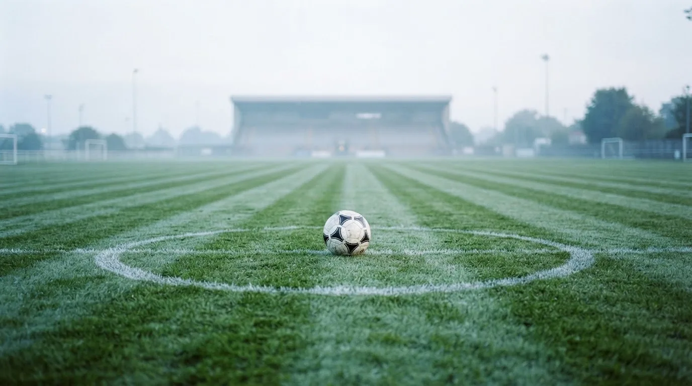 Ein Fußball liegt auf dem Mittelkreis eines leeren Rasenplatzes am frühen Morgen, im Hintergrund eine ferne Tribüne im Dunst.
