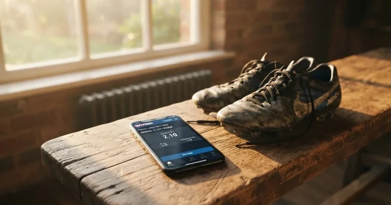 Ein Smartphone mit dunklem Display liegt auf einer Holzbank neben einem Paar Fußballschuhen, Morgenlicht fällt durch ein Fenster.