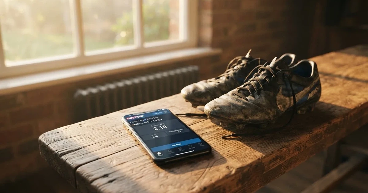 Ein Smartphone mit dunklem Display liegt auf einer Holzbank neben einem Paar Fußballschuhen, Morgenlicht fällt durch ein Fenster.