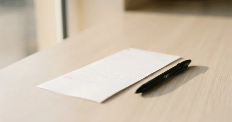 Ein leerer Papier-Wettschein ohne Aufdruck liegt neben einem Kugelschreiber auf einem hellen Tresen, weiches Seitenlicht.
