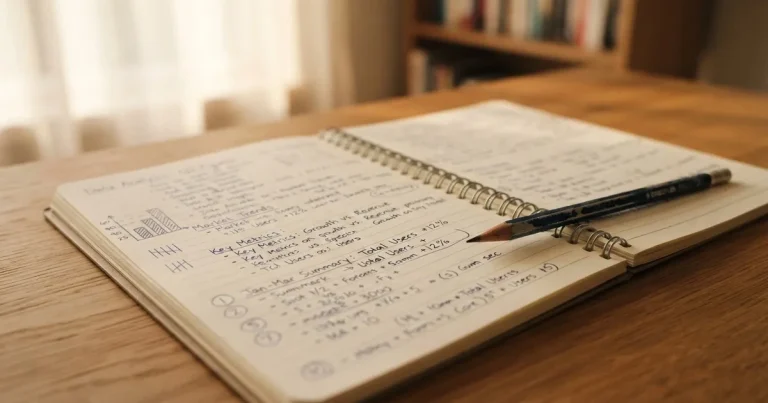 Ein Notizbuch mit handschriftlichen Notizen und kleinen Skizzen liegt aufgeschlagen neben einem Bleistift auf einem Schreibtisch, Fensterlicht von links.
