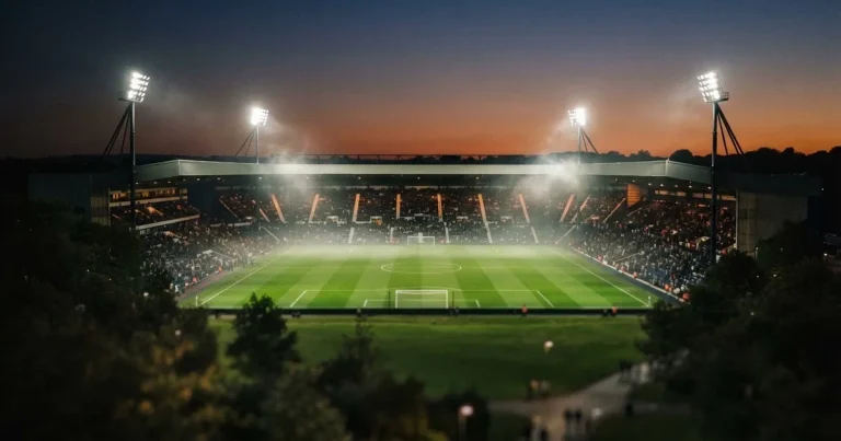 Ein Stadion unter Flutlicht aus der Ferne am Abend, hell erleuchtet, Nebel liegt über dem Rasen.