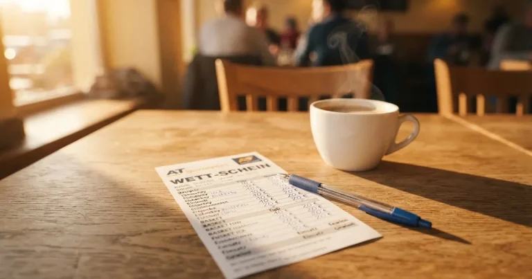 Ein leerer Wettschein aus Papier und ein Kugelschreiber liegen auf einem hellen Holztisch neben einer Kaffeetasse im warmen Seitenlicht.