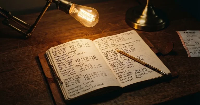 Ein aufgeschlagenes Notizbuch mit handschriftlichen Notizen und ein Bleistift liegen auf einem Schreibtisch im Licht einer Lampe.