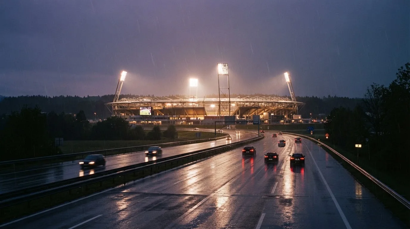 Ein Stadion unter Flutlicht aus großer Entfernung gesehen, davor eine regennasse Straße in der Dämmerung.