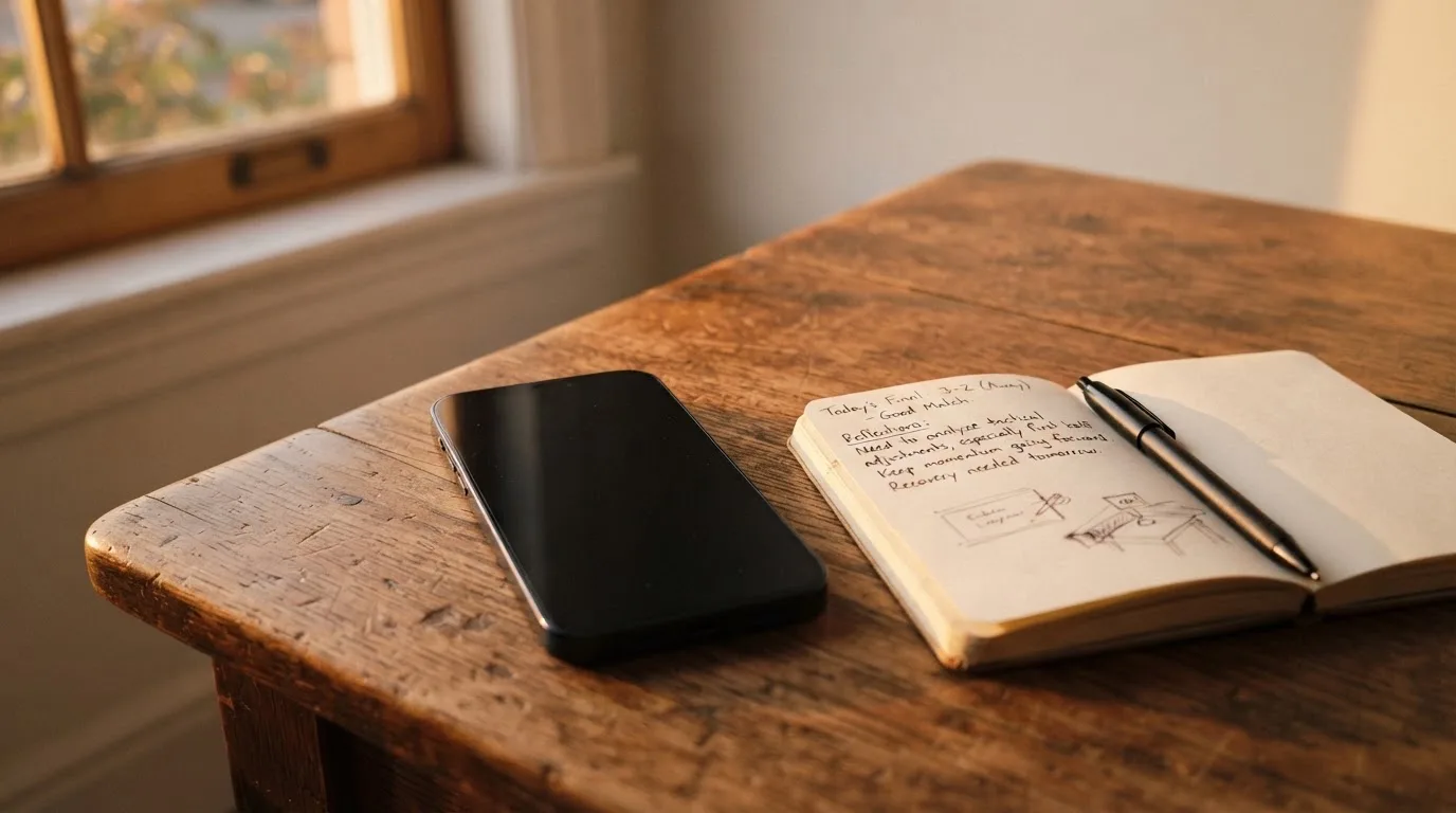 Ein Smartphone mit dunklem Display liegt auf einem Holztisch neben einem Notizbuch, durch das Fenster fällt Abendlicht.