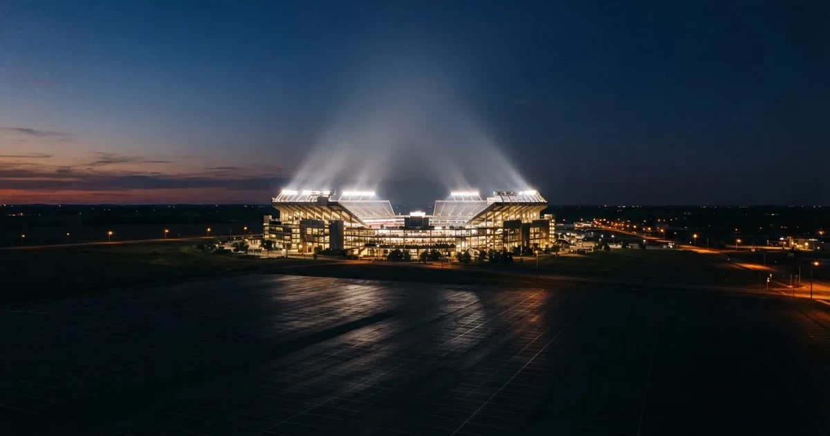 Ein Fußballstadion unter Flutlicht aus großer Entfernung gesehen, die Lichtkegel stehen im dunklen Abendhimmel über leeren Parkplätzen.