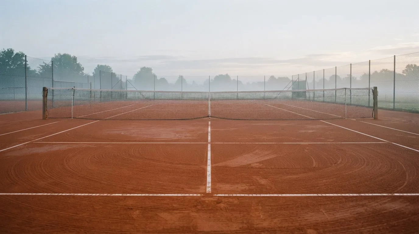 Ein Tennisplatz im Morgengrauen mit Netz und Linien, über dem Sandboden liegt leichter Nebel und niemand ist zu sehen.