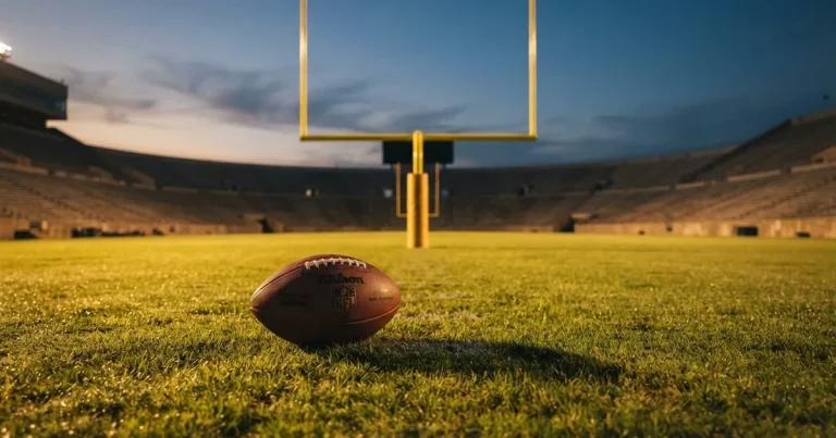 Ein ovaler Football liegt auf dem Rasen vor den gelben Torstangen eines leeren Stadions in der Abenddämmerung.