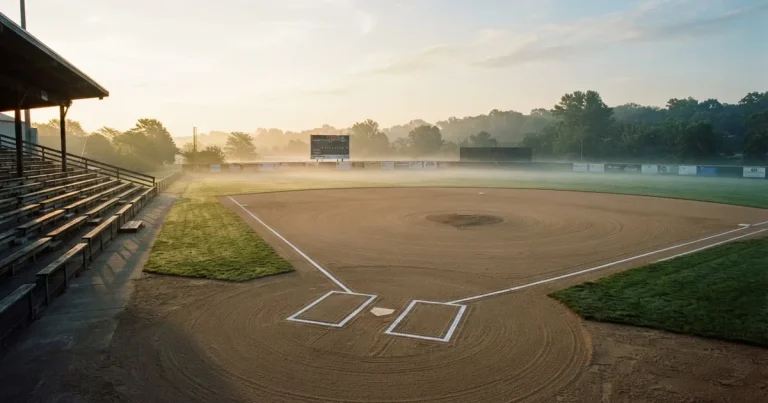 Ein leeres Baseballfeld mit Sandfläche, Basen und weißen Linien in der Morgendämmerung, über dem Rasen liegt leichter Nebel.