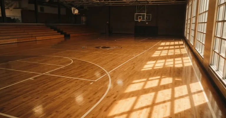 Ein leeres Basketballfeld in einer Halle mit glänzendem Parkett und einem Korb, durch hohe Fenster fällt Tageslicht.