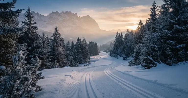 Eine verschneite Loipe im Morgenlicht mit gespurter Spur, im Hintergrund dunkler Nadelwald und eine Bergkette ohne Menschen.