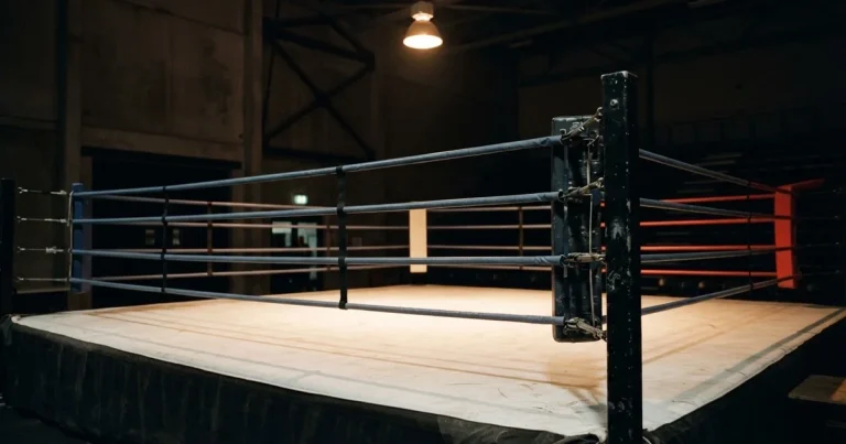 Ein leerer Boxring mit gespannten Seilen unter einer Hallenlampe, der Ringboden ist im Licht gut zu erkennen, niemand ist zu sehen.
