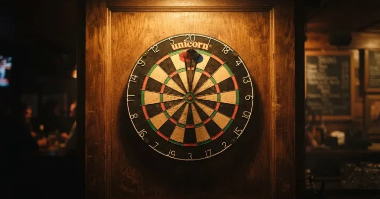 Eine Dartscheibe an einer Holzwand in einem schwach beleuchteten Raum, drei Pfeile stecken nahe der Mitte, warmes Licht von der Seite.