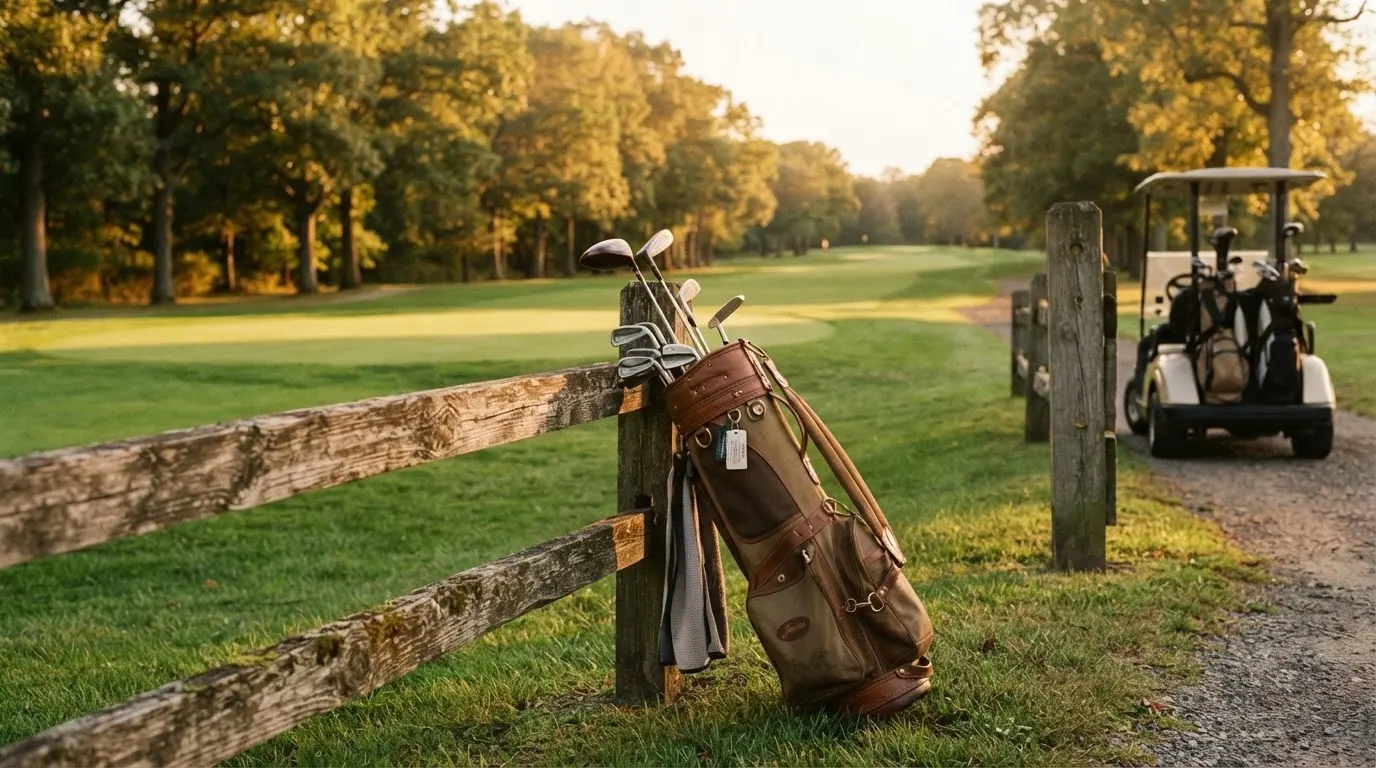 Ein Golfbag mit Schlägern lehnt an einem Holzzaun am Rand einer Spielbahn, tiefstehende Sonne von der Seite.