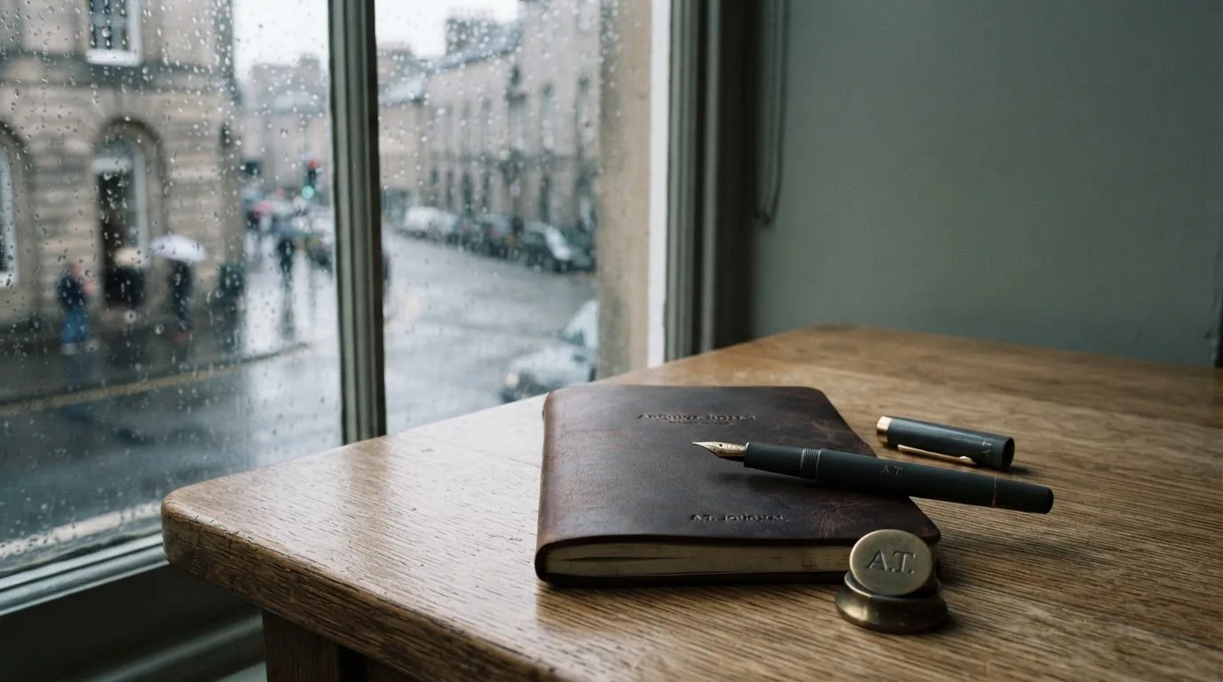 Ein Schreibtisch mit Füllfeder und geschlossenem Notizbuch vor einem Fenster an einem regnerischen Tag, ohne lesbaren Text.