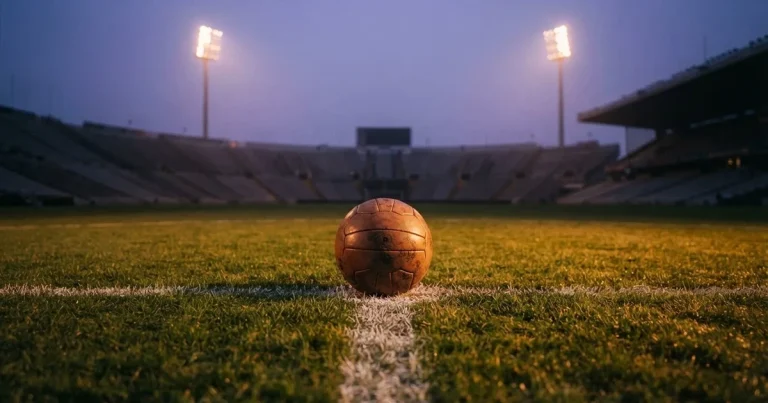 Ein Fußball liegt auf dem Anstoßpunkt eines Rasenplatzes in der Dämmerung, in der Ferne leuchten Flutlichter, die Ränge sind leer.