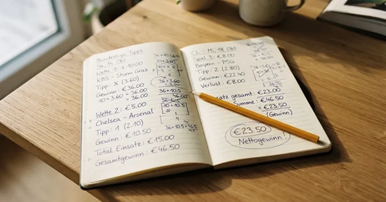 Ein Notizbuch mit handschriftlichen Stichpunkten und kleinen Skizzen liegt neben einem Bleistift auf einem hellen Tisch, Tageslicht von der Seite.
